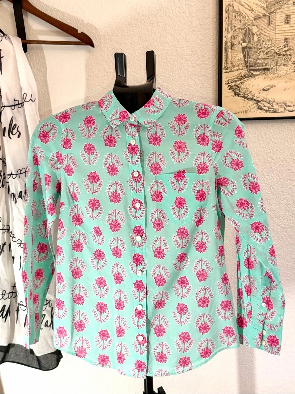 J.Crew Mint Green Pink Floral Block Print Button Down Petite Small PS